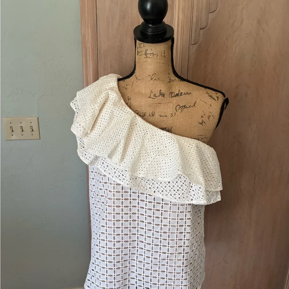 J. Crew Women’s Ruffle One Shoulder Eyelet Lace Top White 4
